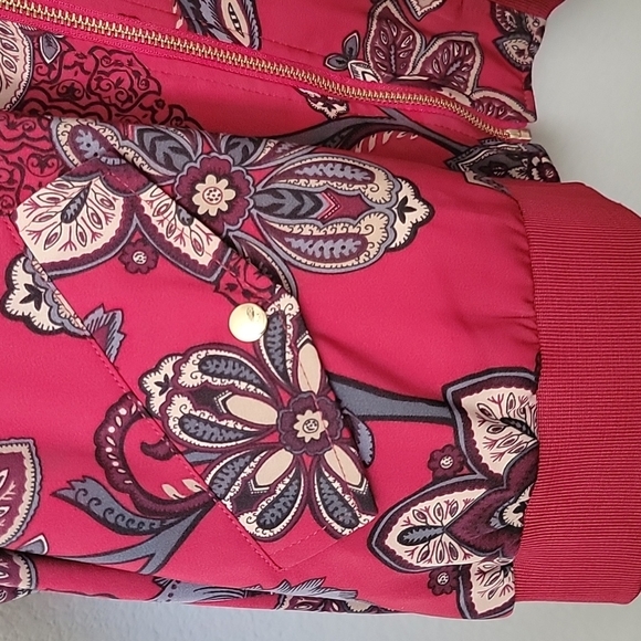 Susan Graver Tomato Girl Boho large red paisley floral bomber jacket - Picture 5 of 10
